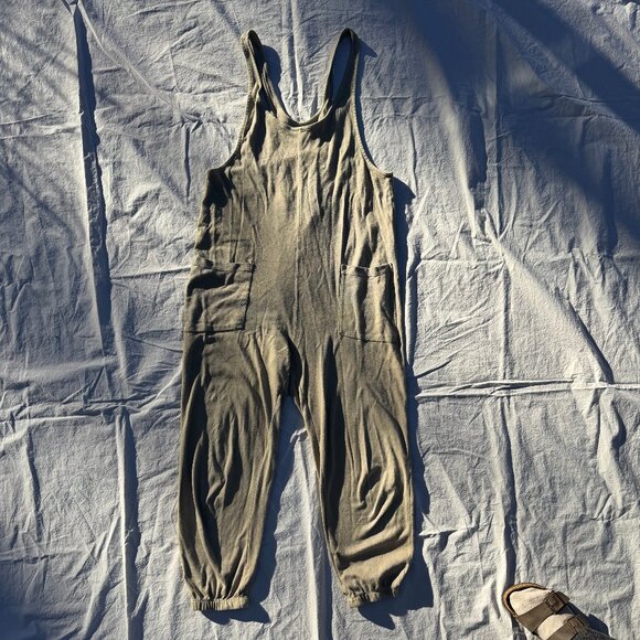 For Days Wear Wrecklessly Organic Cotton Relaxing Romper Distressed Khaki Sage - Picture 1 of 15